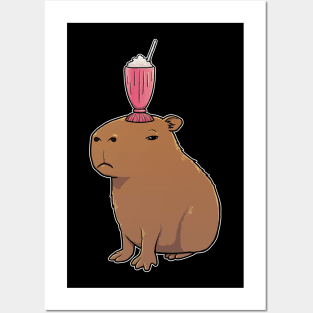 Capybara with a Strawberry Milkshake on its head Posters and Art